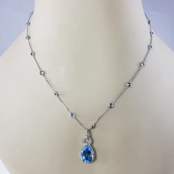 14 Karat White Gold Blue Topaz Diamond Pendant Necklace JAGi Cert. #13787